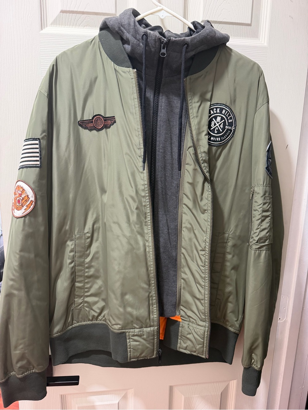 American Rag Olive Green Bomber Jacket with Dark Gray Hoodie Insert